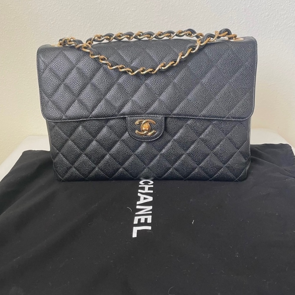 Sold 24k gold plated Black Chanel Caviar Jumbo single flap bag - Picture 1 of 17